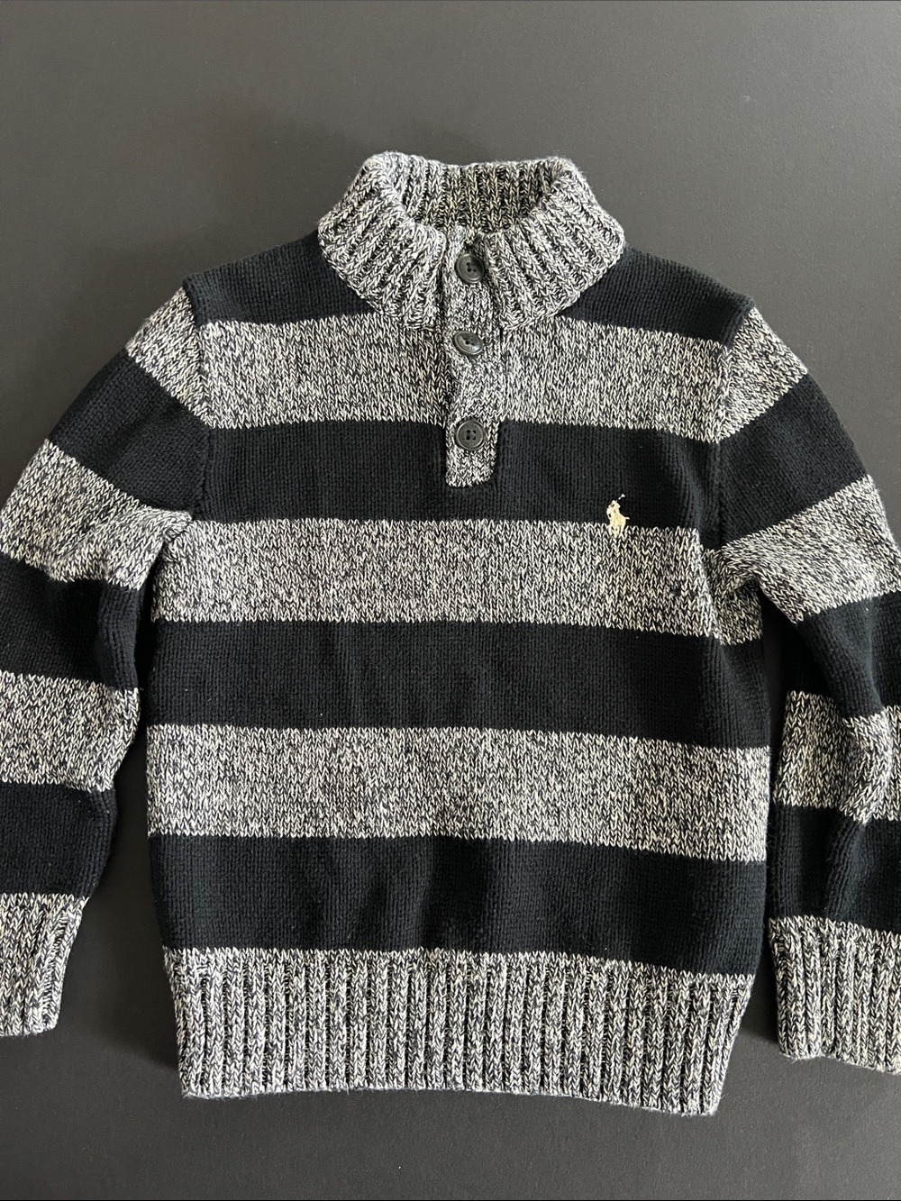 Ralph Lauren Black and Gray Striped Turtleneck Button-Placket Sweater 100%COTTON